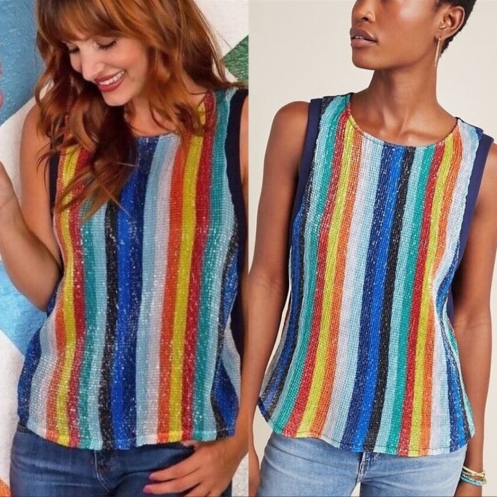 NWT Eva Franco Anthropologie Rainbow Sequin Stripe Sleeveless top, Size L